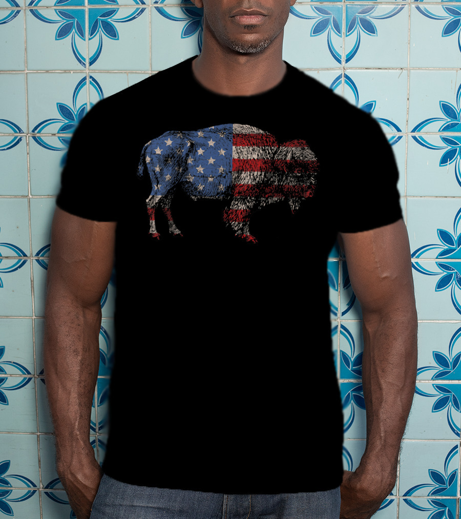 Vintage American Flag Bison Buffalo Patriotic T-Shirt