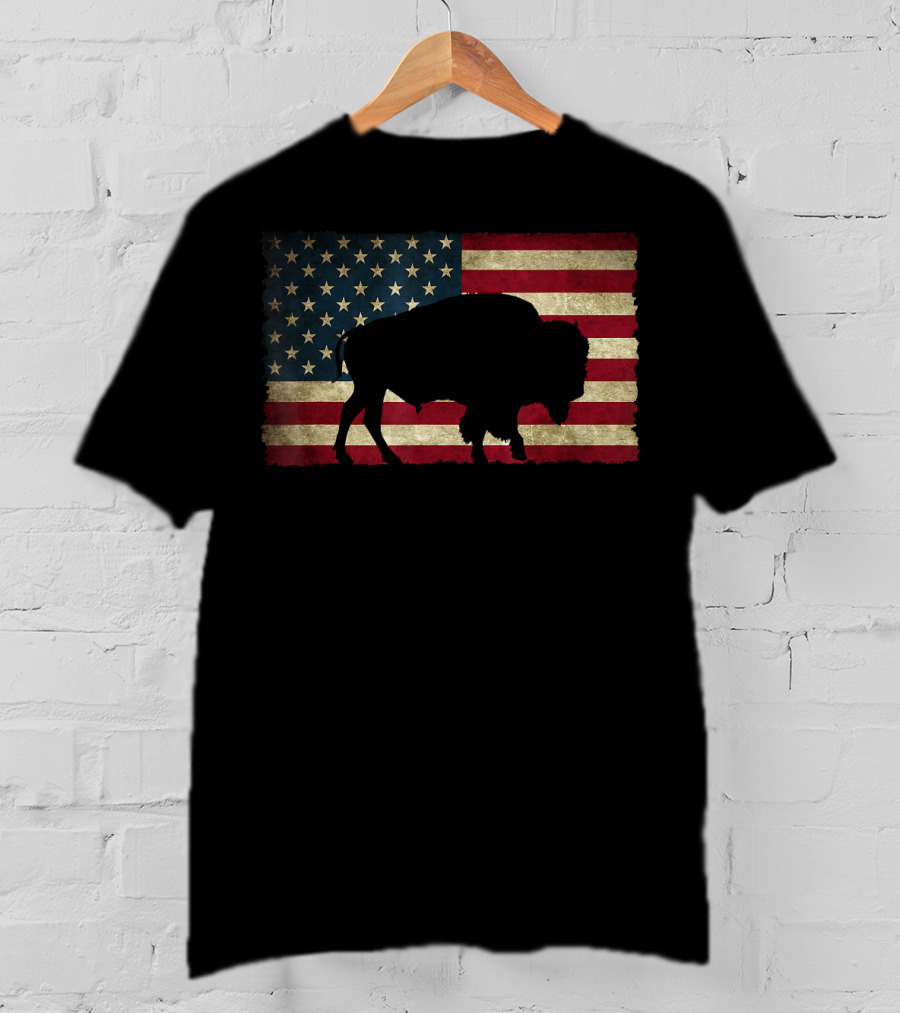 Vintage Buffalo Silhouette Over American Flag USA T-Shirt
