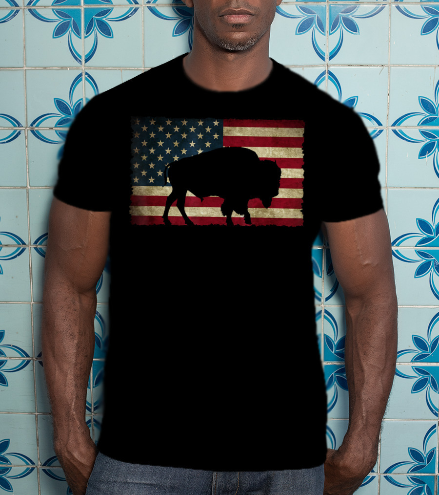 Vintage Buffalo Silhouette Over American Flag USA T-Shirt