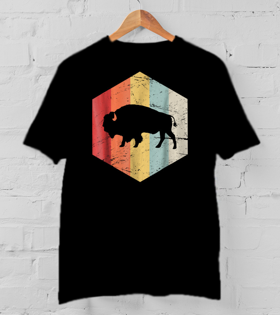 Vintage Buffalo Silhouette Retro Stripes Hexagon T-Shirt