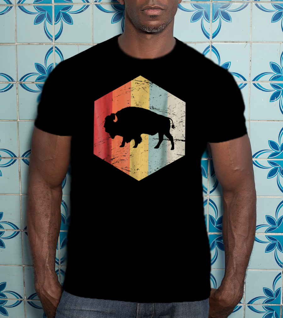 Vintage Buffalo Silhouette Retro Stripes Hexagon T-Shirt