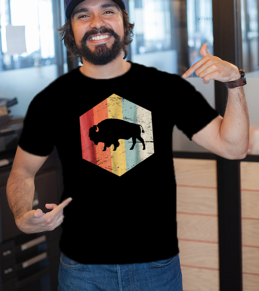 Vintage Buffalo Silhouette Retro Stripes Hexagon T-Shirt