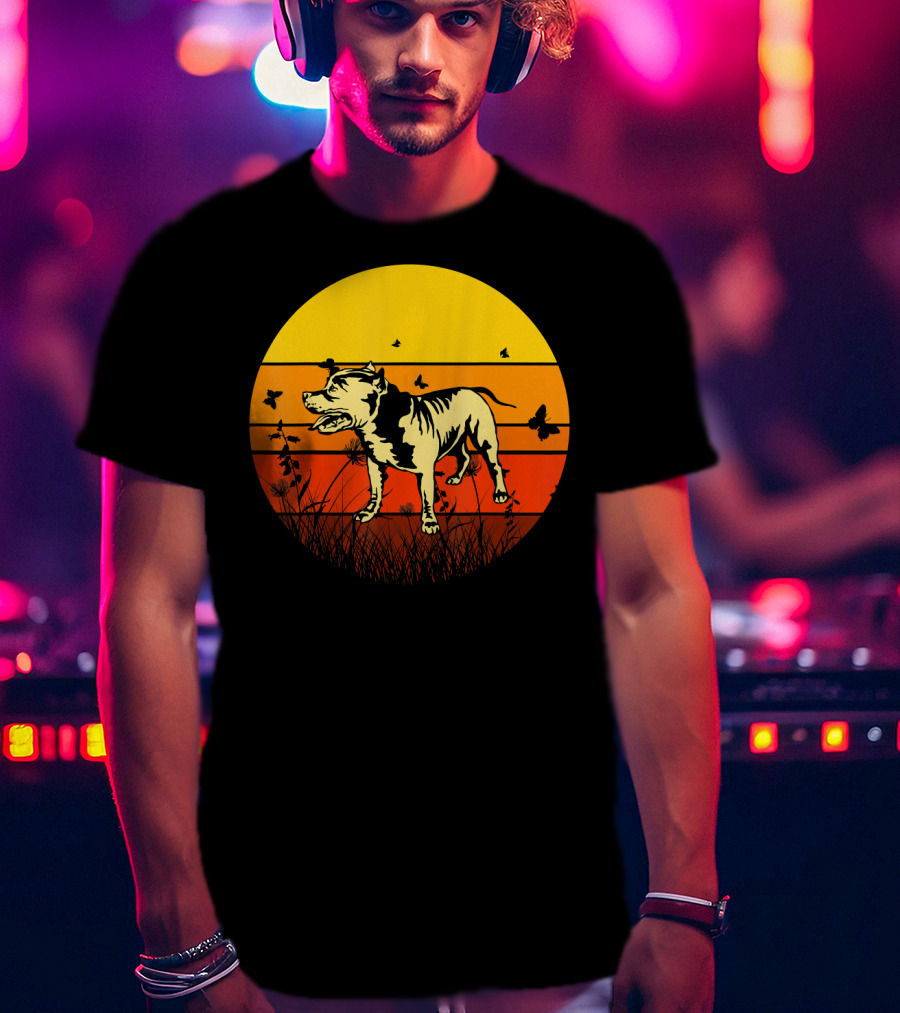 Vintage Pitbull Sun Animal With Butterflies And Birds T-Shirt