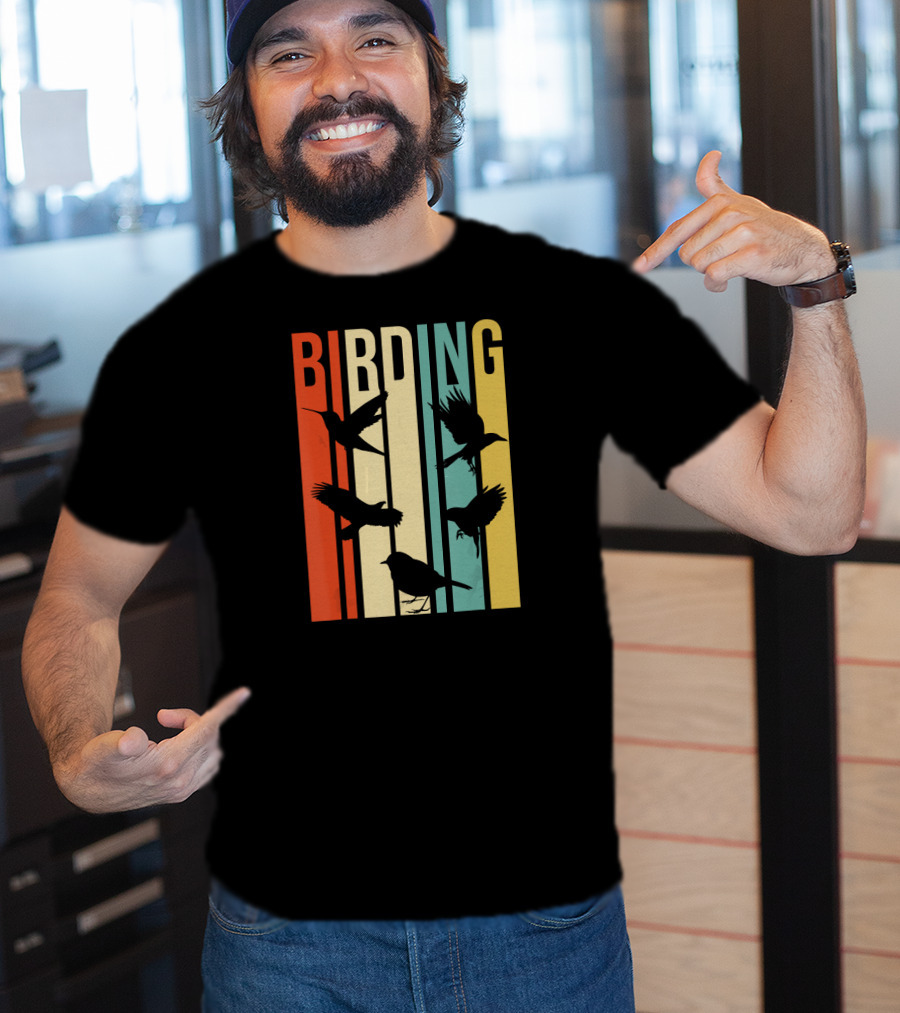 Vintage Style Birding For Birders With Bird Silhouettes On Colorful Stripes T-Shirt