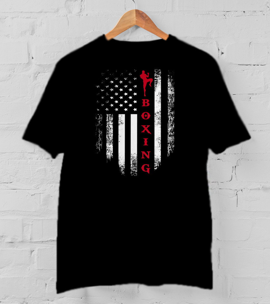 Vintage USA Flag Black And White With Red Boxing Kick Martial Arts T-Shirt
