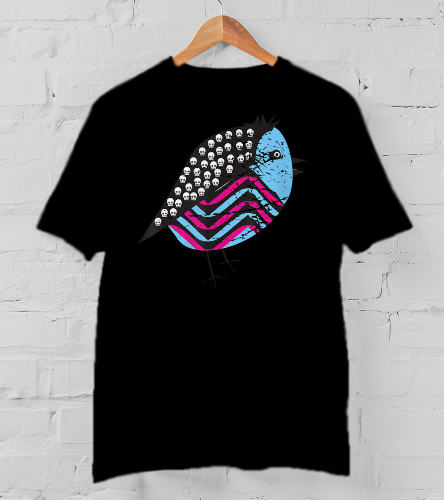 Weird Monster Tiny Bird With Skulls And Colorful Stripes T-Shirt