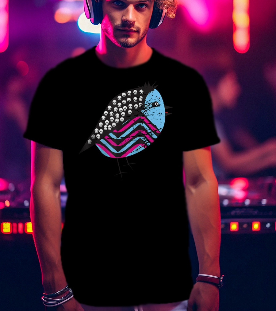 Weird Monster Tiny Bird With Skulls And Colorful Stripes T-Shirt