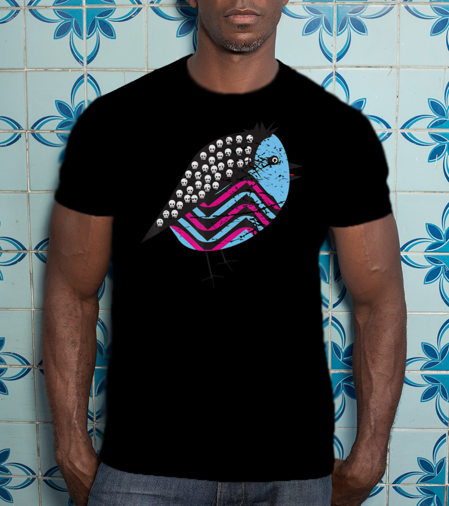 Weird Monster Tiny Bird With Skulls And Colorful Stripes T-Shirt