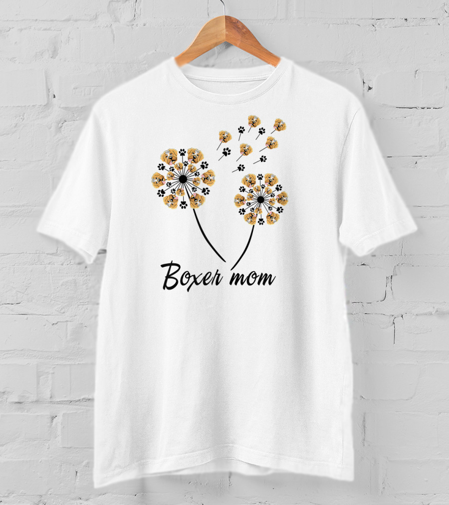 Boxer Mom Dandelion Paw Print Dog Faces T-Shirt