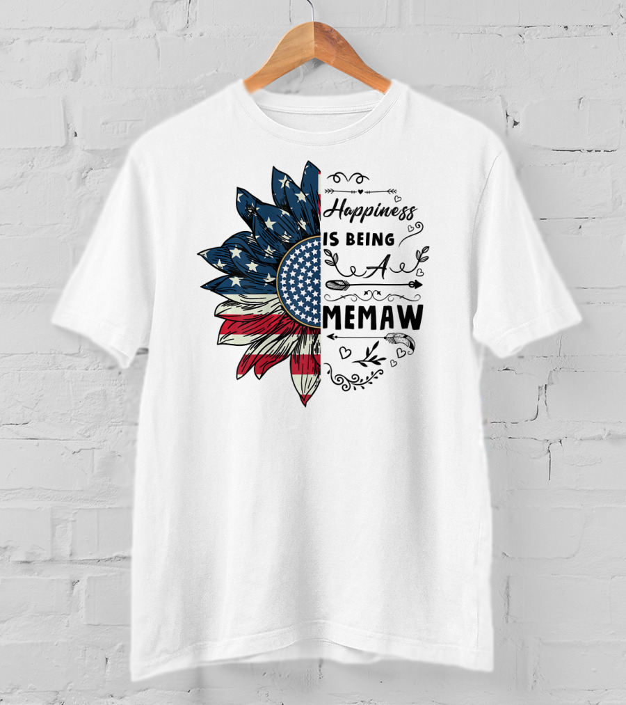 Happiness Is Being A Memaw Sunflower American Flag T-Shirt