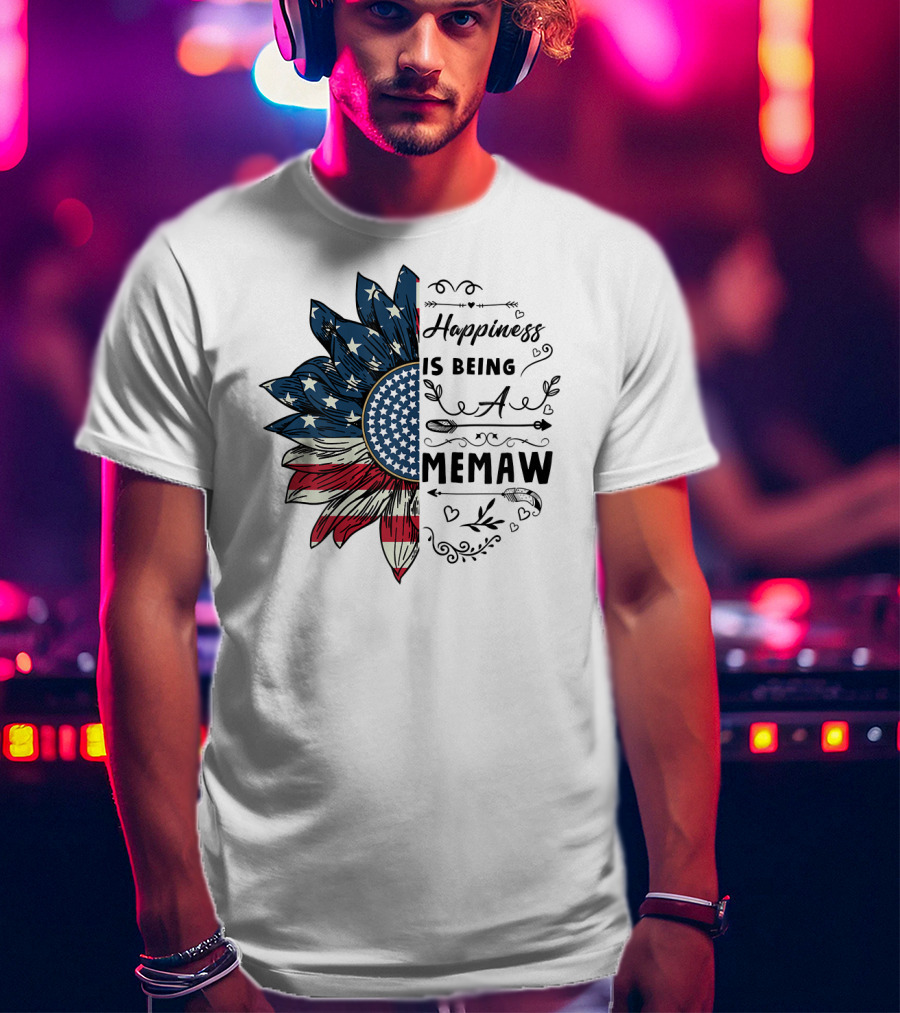 Happiness Is Being A Memaw Sunflower American Flag T-Shirt