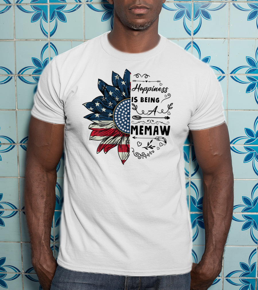 Happiness Is Being A Memaw Sunflower American Flag T-Shirt