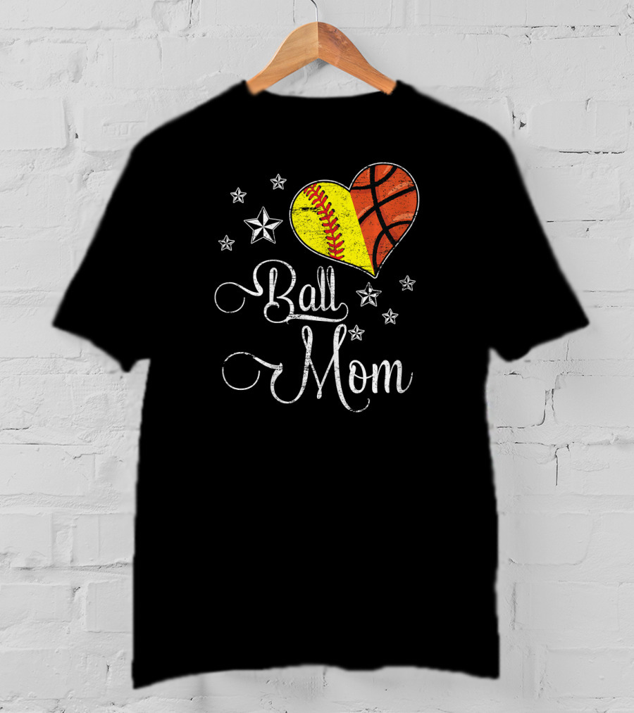 Proud Softball Basketball Ball Mom Star Heart T-Shirt