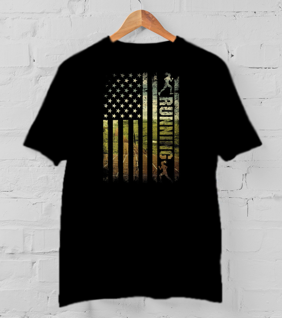 Running American Flag Patriotic Runner USA Track Stars T-Shirt