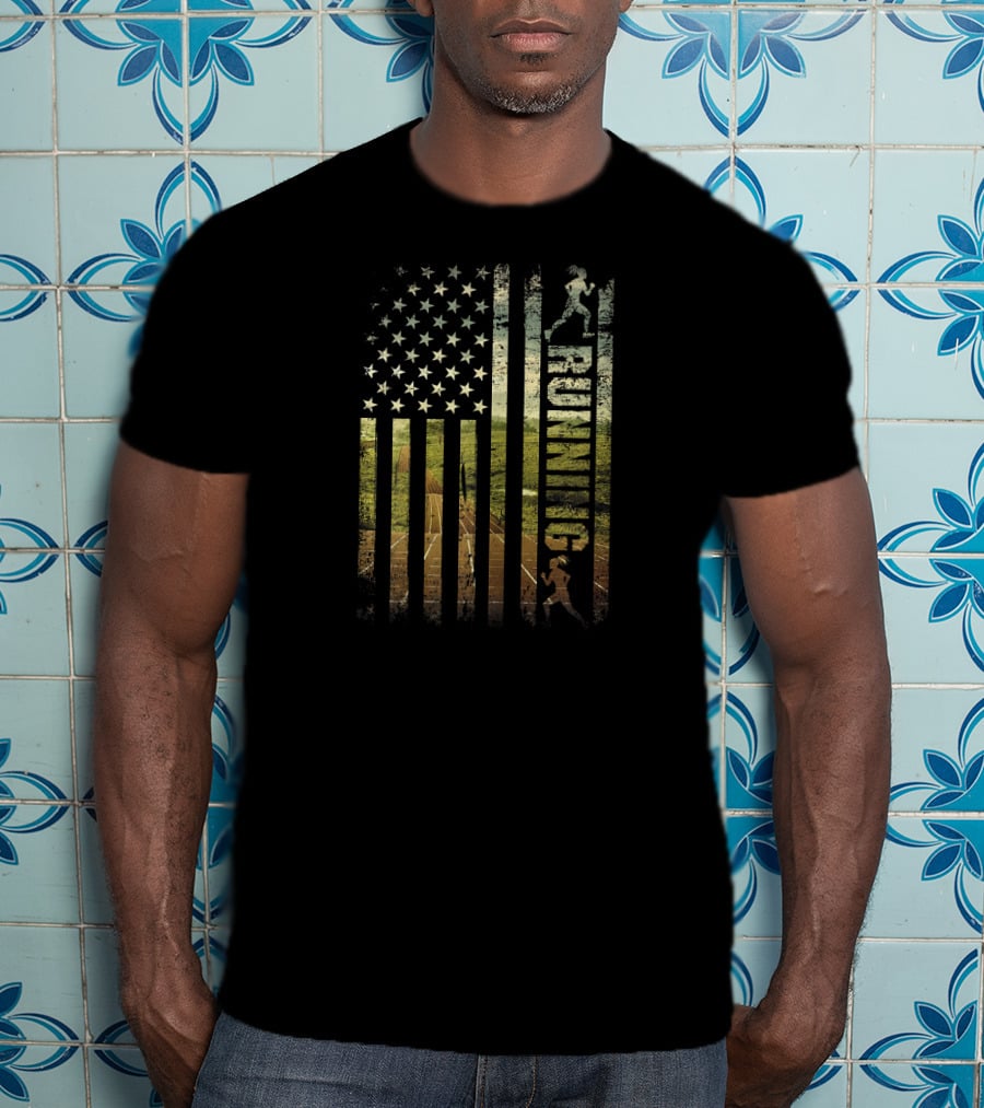 Running American Flag Patriotic Runner USA Track Stars T-Shirt