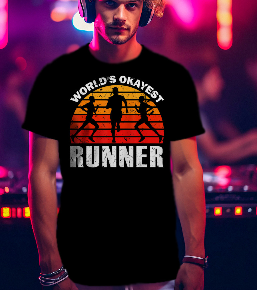 World's Okayest Runner Sunset Silhouette Sprinting Marathon T-Shirt
