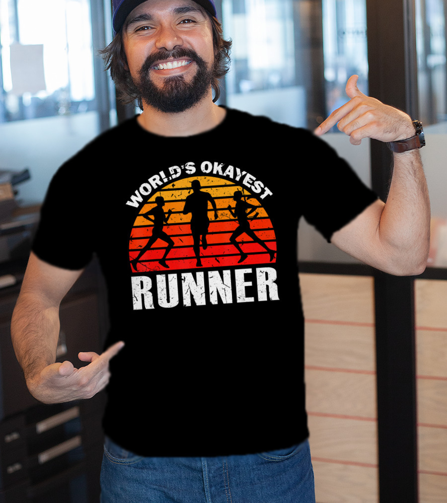 World's Okayest Runner Sunset Silhouette Sprinting Marathon T-Shirt