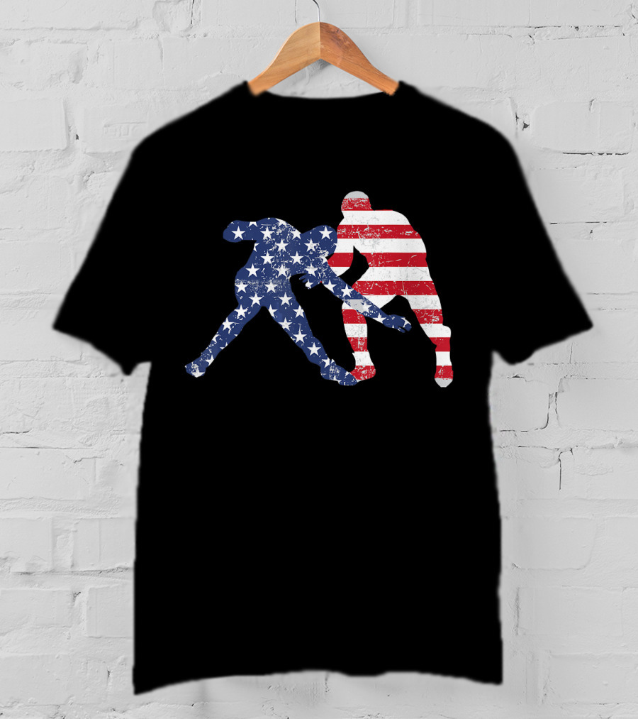 Wrestling Dual Silhouette With US Flag Stars And Stripes For Fourth Of July T-Shirt