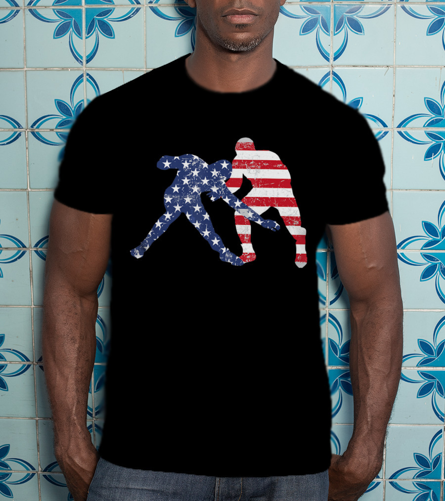 Wrestling Dual Silhouette With US Flag Stars And Stripes For Fourth Of July T-Shirt