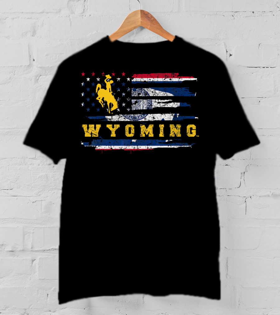 Wyoming Cowboy Riding Horse On American Flag T-Shirt