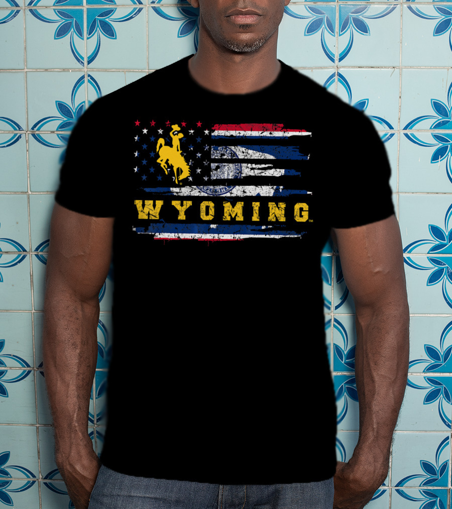 Wyoming Cowboy Riding Horse On American Flag T-Shirt