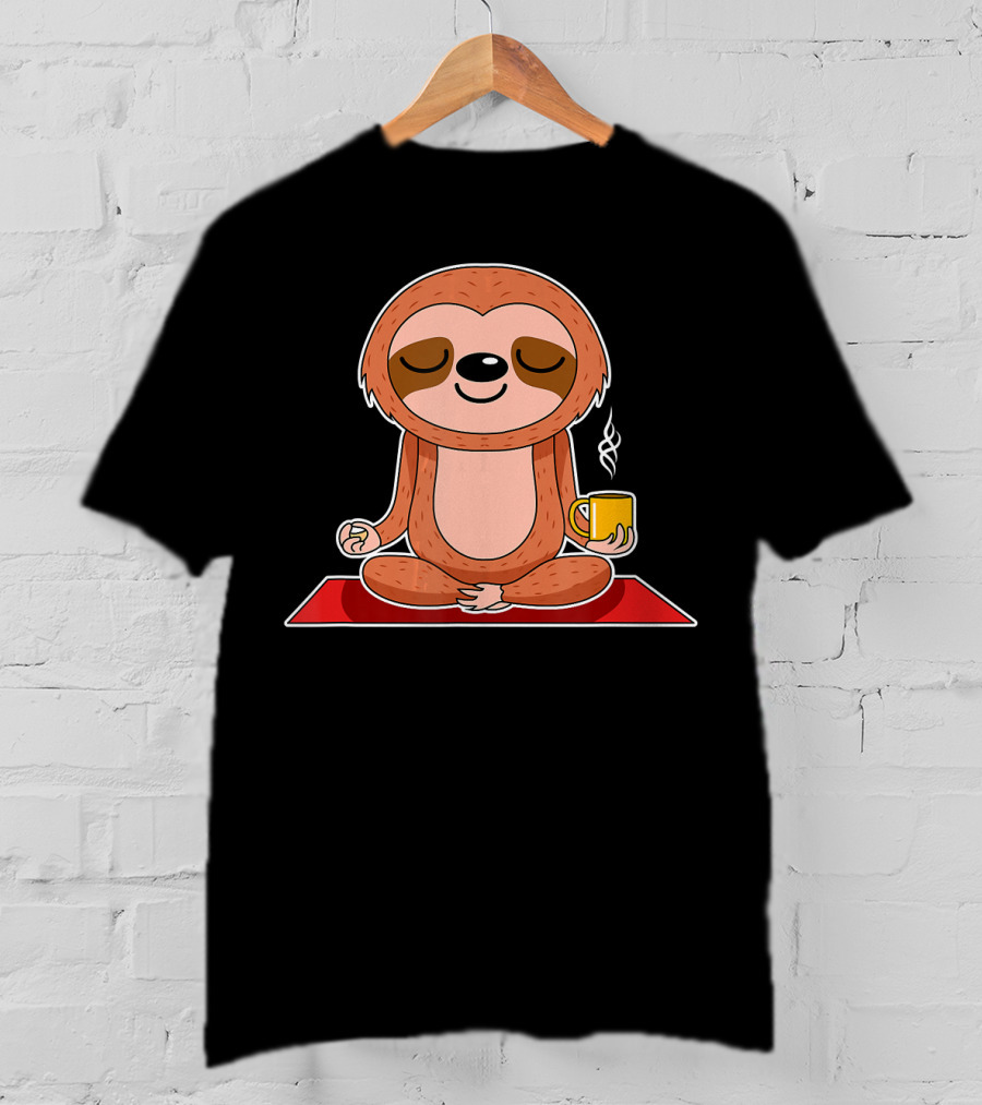 Yoga Sloth Funny Workout Fitness Casual Relaxing Meditation With Coffee T-Shirt