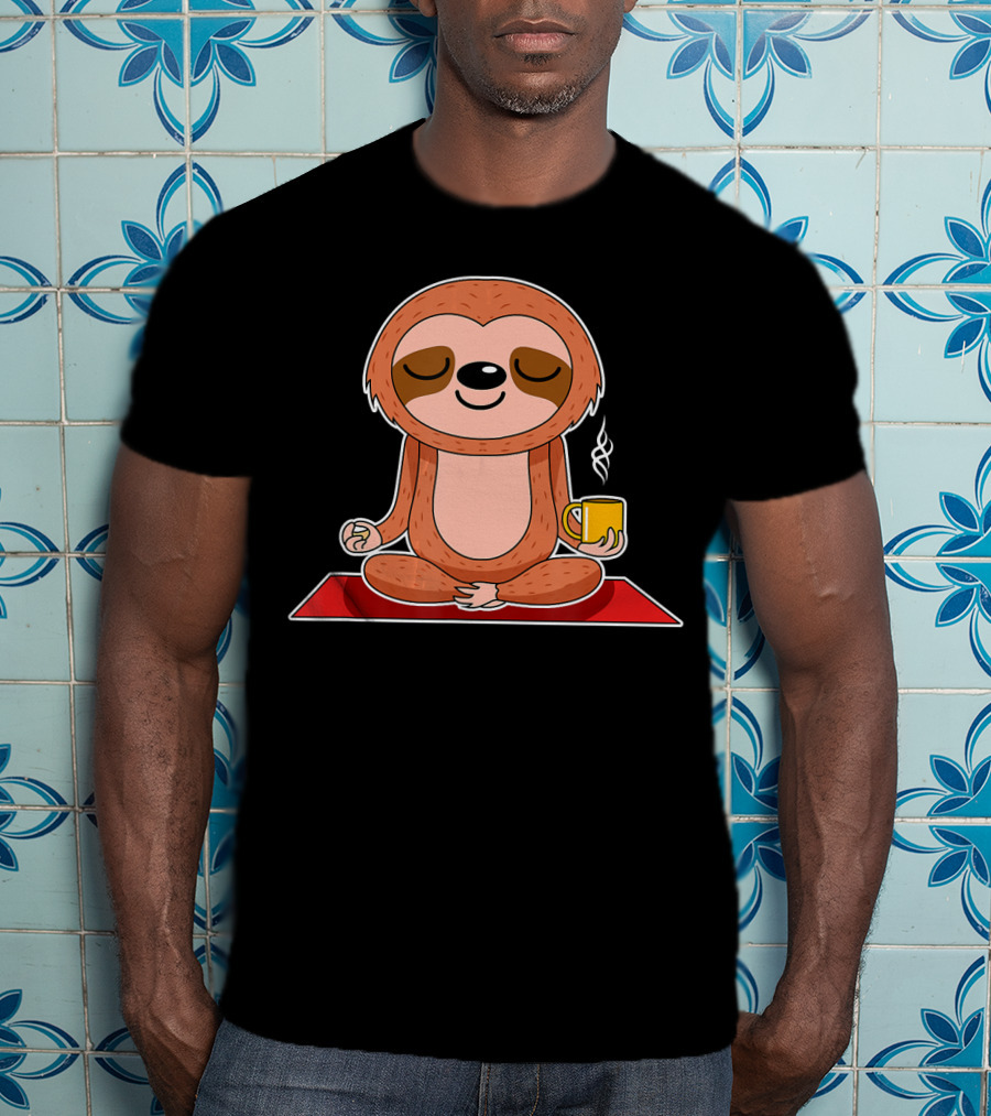 Yoga Sloth Funny Workout Fitness Casual Relaxing Meditation With Coffee T-Shirt