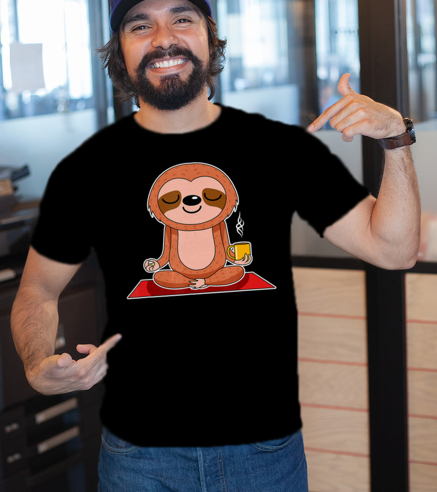 Yoga Sloth Funny Workout Fitness Casual Relaxing Meditation With Coffee T-Shirt