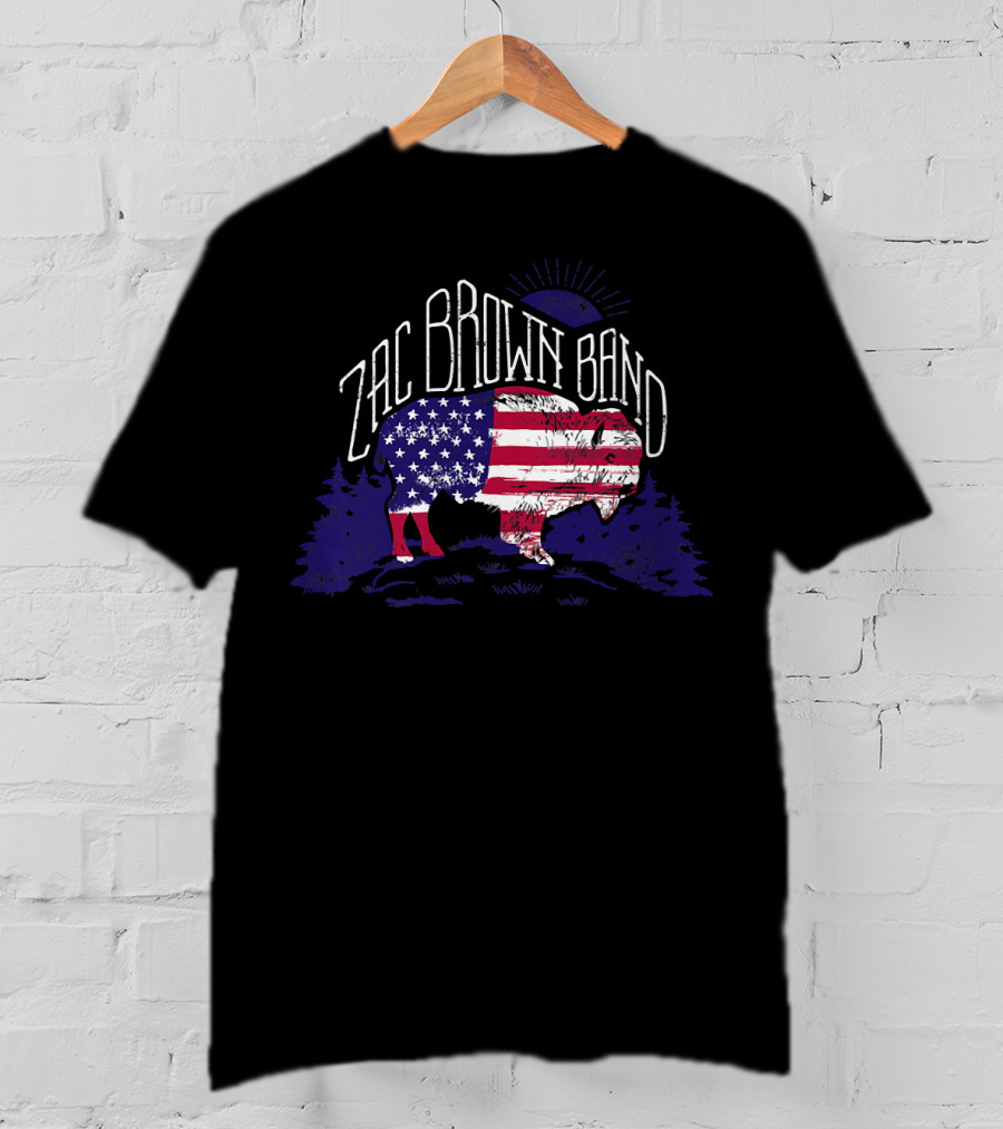 Zac Brown Band American Flag Buffalo With Night Sky And Forest T-Shirt