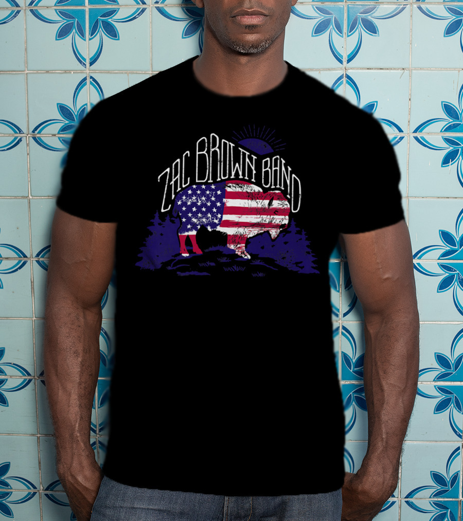 Zac Brown Band American Flag Buffalo With Night Sky And Forest T-Shirt