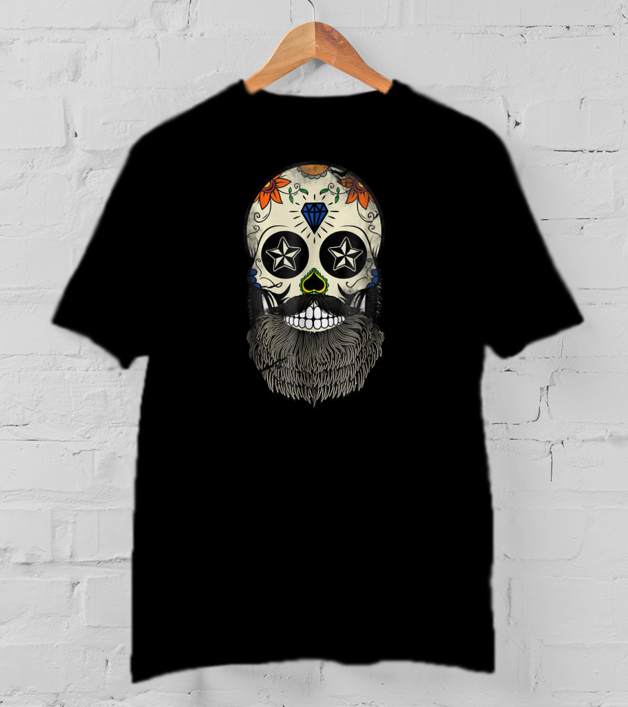 Sugar Skull Beard With Stars And Flowers T-Shirt