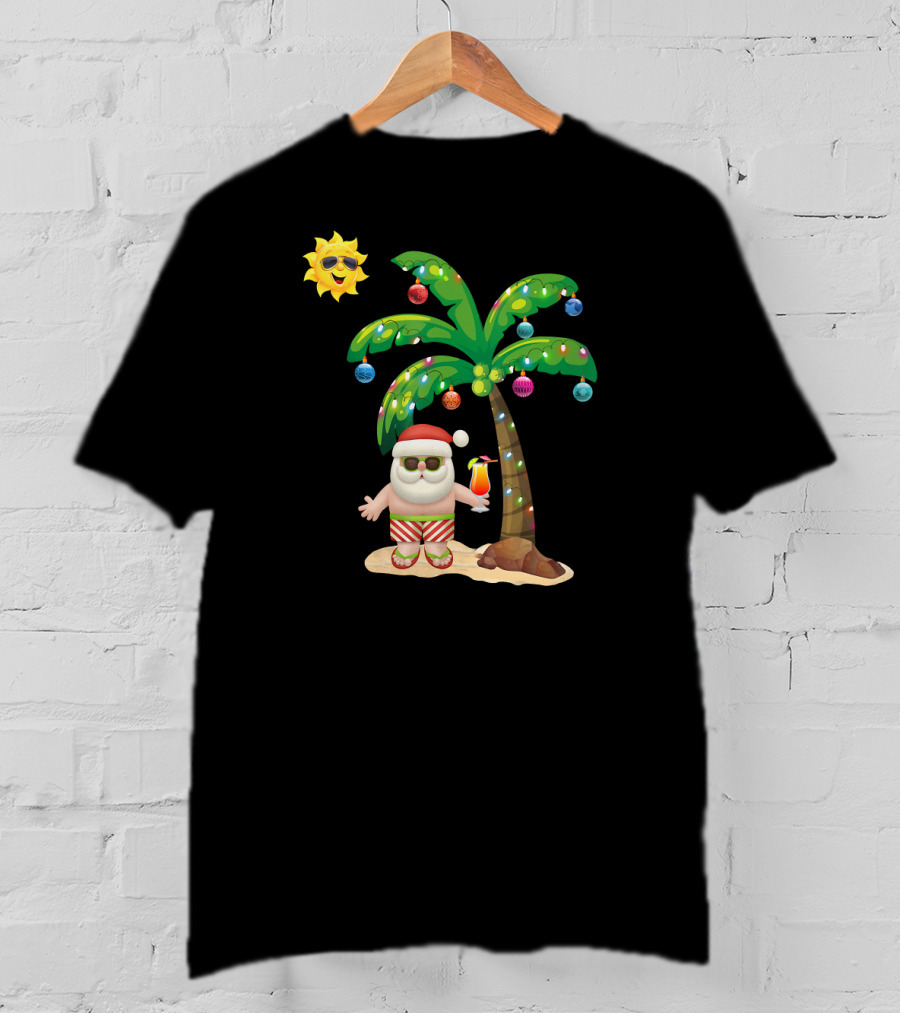 Summer Santa Claus Christmas Mele Tropical Palm Tree Festive Cocktail T-Shirt