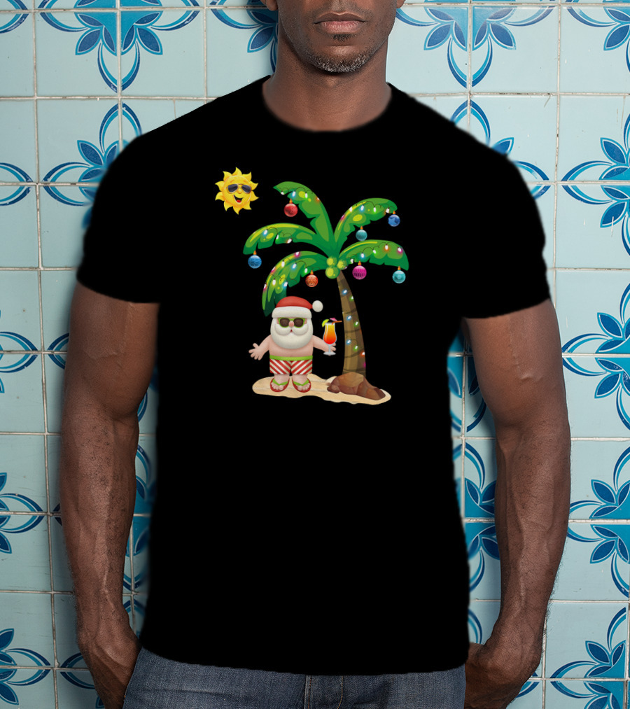Summer Santa Claus Christmas Mele Tropical Palm Tree Festive Cocktail T-Shirt