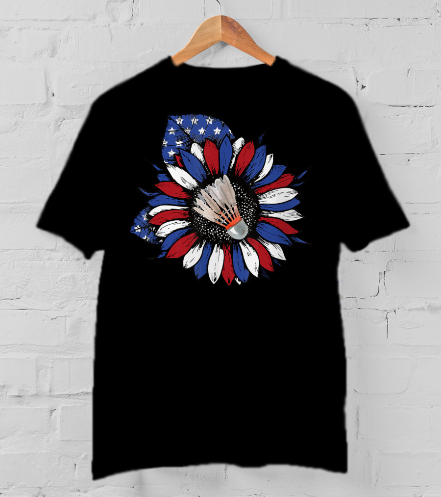 American Flag Sunflower With Badminton Birdie Center T-Shirt