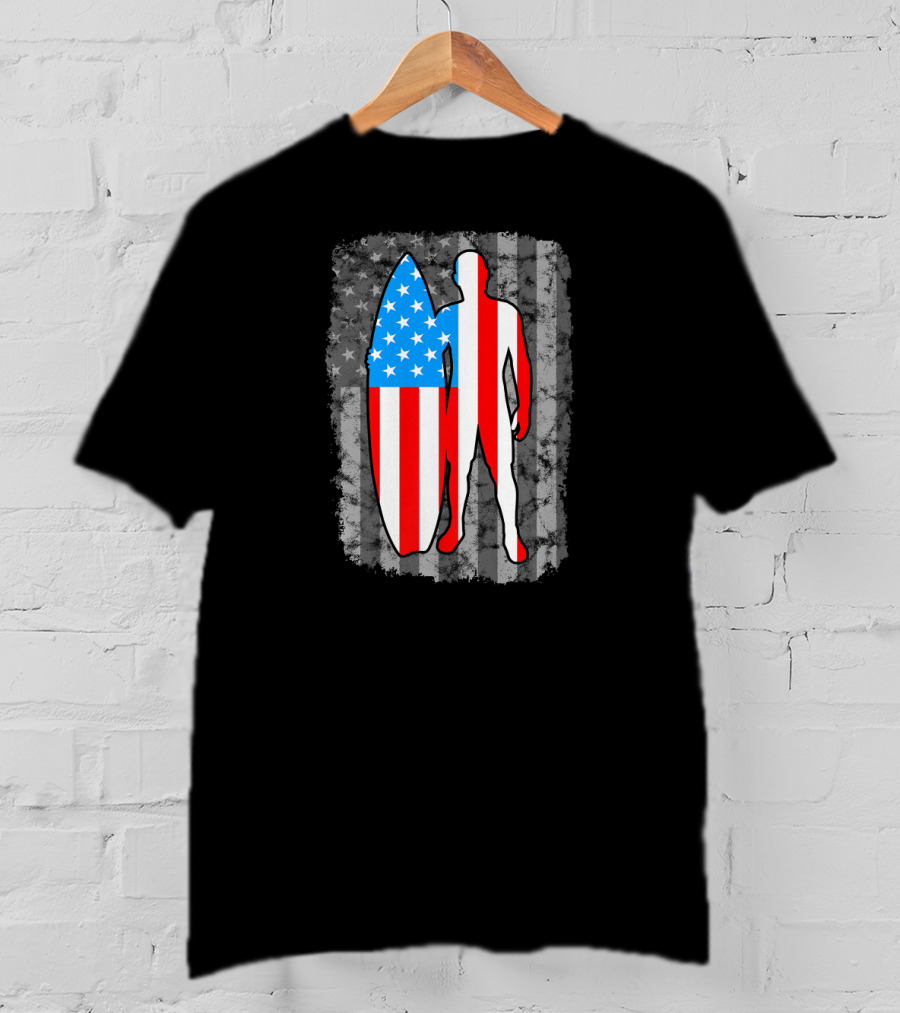 Vintage American Flag Surfing Silhouette United States T-Shirt