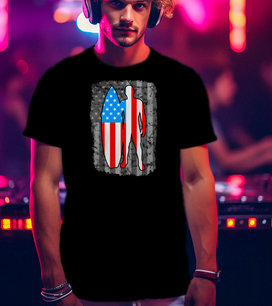 Vintage American Flag Surfing Silhouette United States T-Shirt