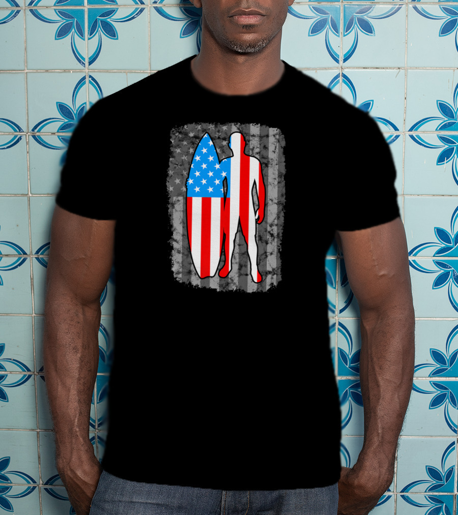 Vintage American Flag Surfing Silhouette United States T-Shirt