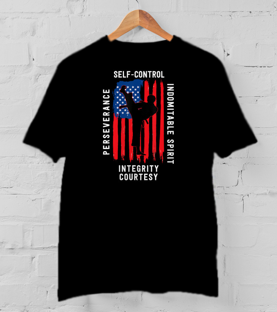 Taekwondo Five Tenets Perseverance Self-Control Indomitable Spirit Integrity Courtesy US Flag Martial Arts T-Shirt
