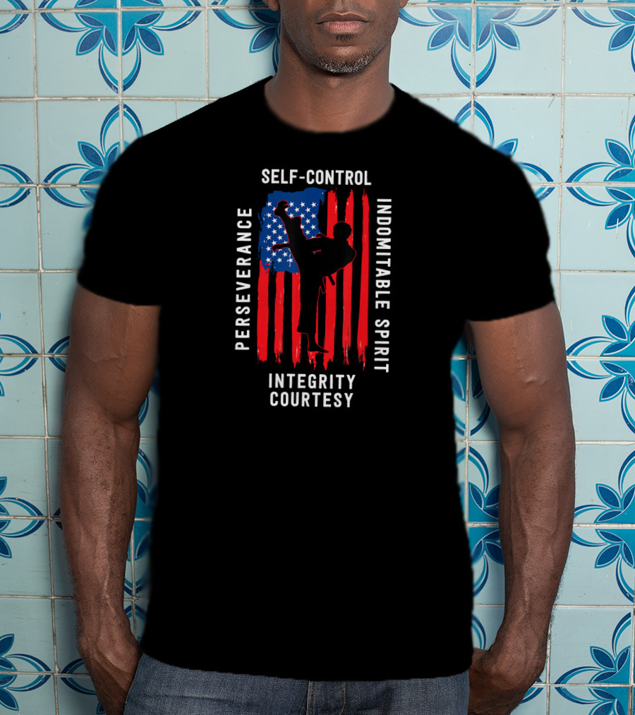 Taekwondo Five Tenets Perseverance Self-Control Indomitable Spirit Integrity Courtesy US Flag Martial Arts T-Shirt