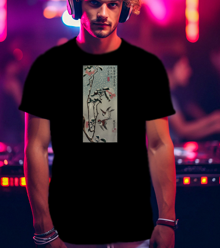 Japanese Woodblock Print Birds And Cherry Blossom Tree T-Shirt