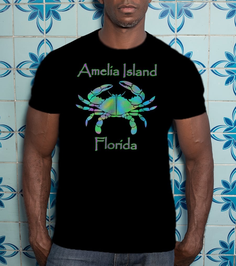 Amelia Island Florida Holographic Blue Crab T-Shirt