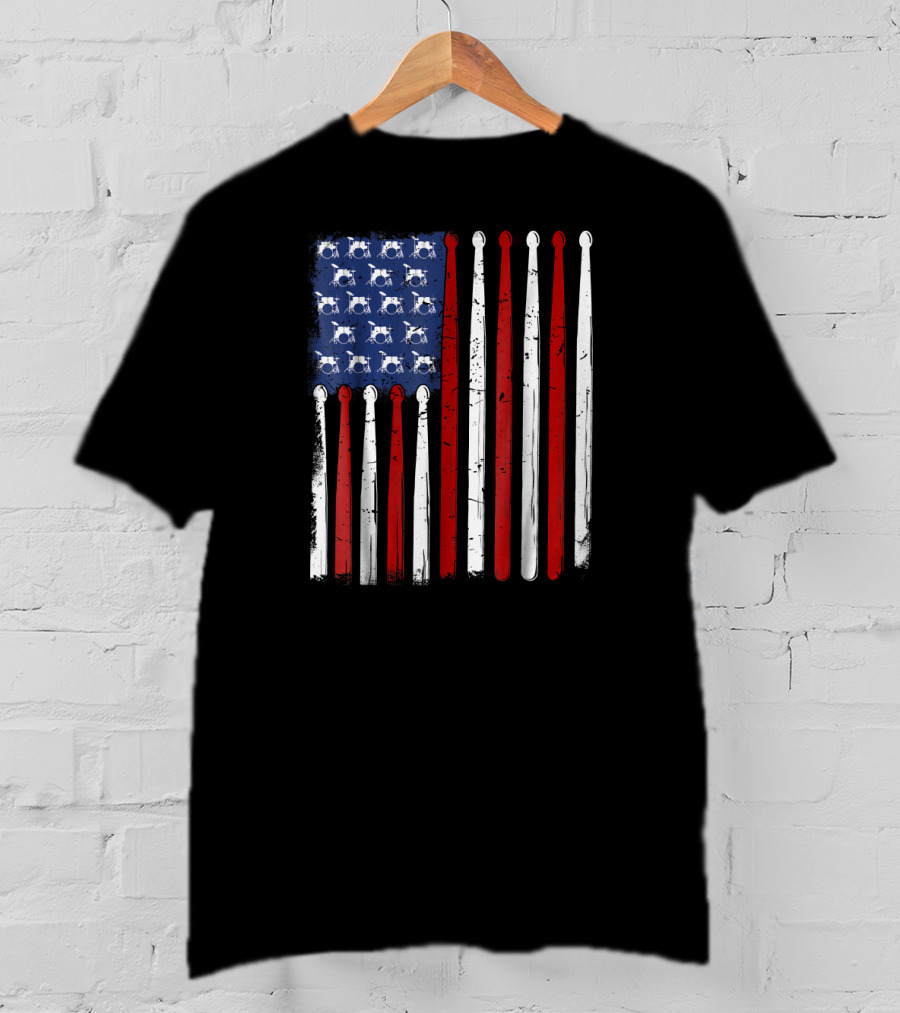 American Flag Made Of Drumsticks Vintage Drummer T-Shirt