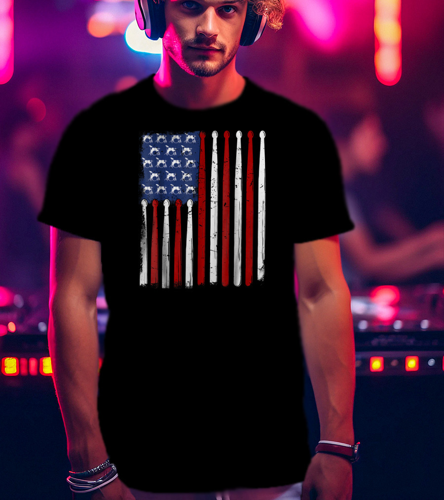 American Flag Made Of Drumsticks Vintage Drummer T-Shirt