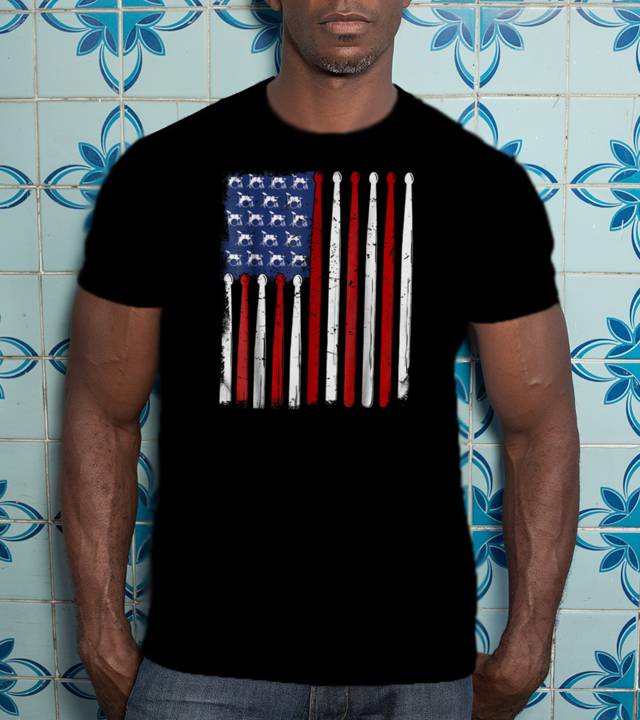 American Flag Made Of Drumsticks Vintage Drummer T-Shirt