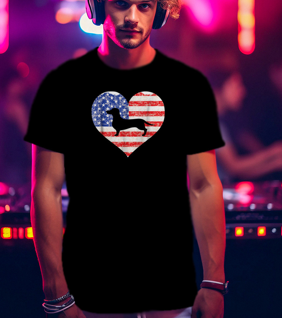 American Flag Heart With Dachshund Silhouette US Love T-Shirt