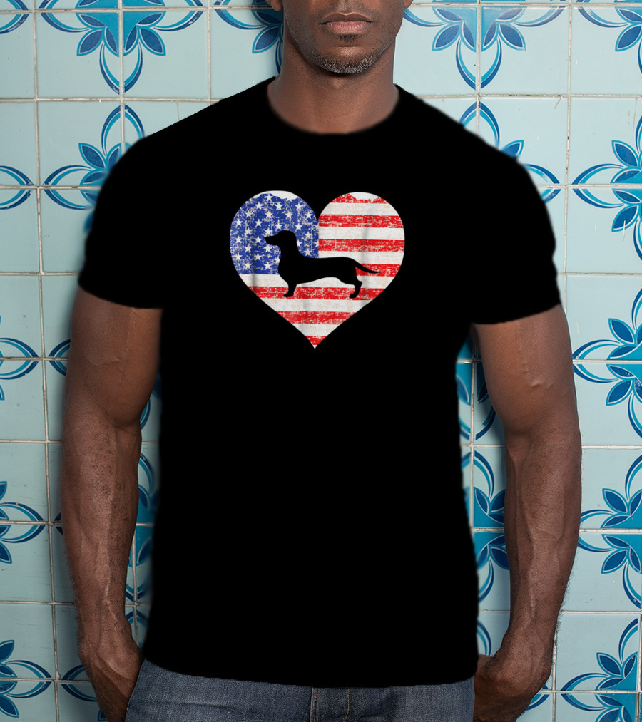 American Flag Heart With Dachshund Silhouette US Love T-Shirt