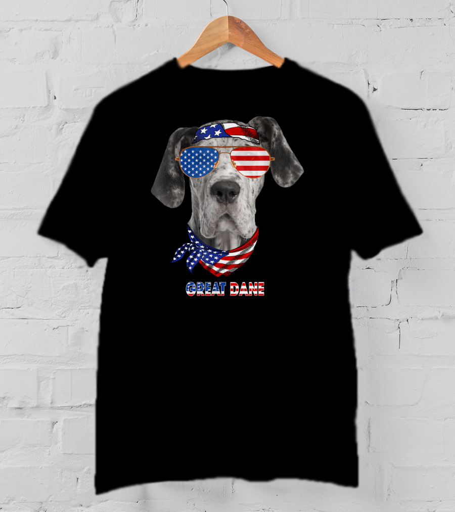 Great Dane Dog In American Flag Glasses And Bandana T-Shirt