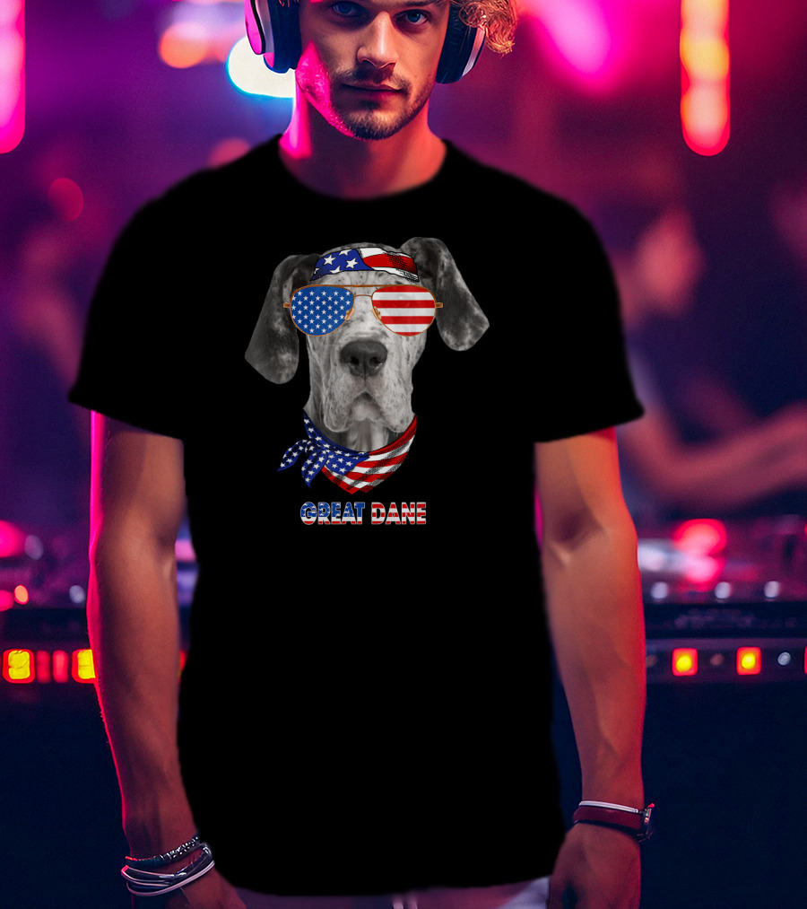 Great Dane Dog In American Flag Glasses And Bandana T-Shirt