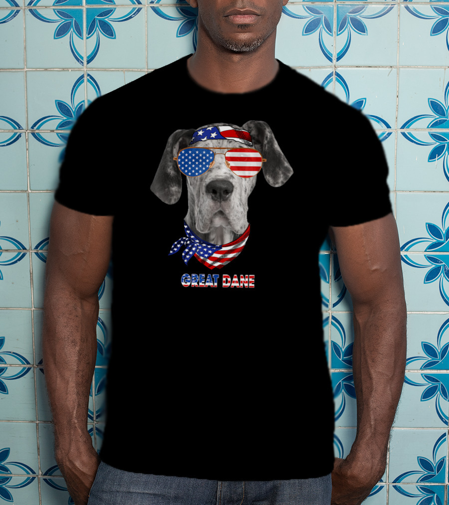 Great Dane Dog In American Flag Glasses And Bandana T-Shirt
