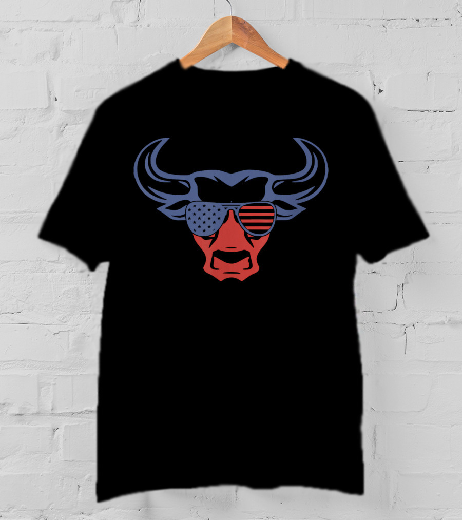 Patriotic American Rodeo Bull With Stars And Stripes Sunglasses T-Shirt